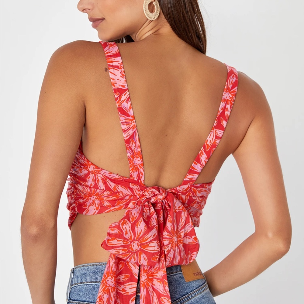 Free People Red Floral Tie Back Crop Top Open Back Ruched Small (adjustable)